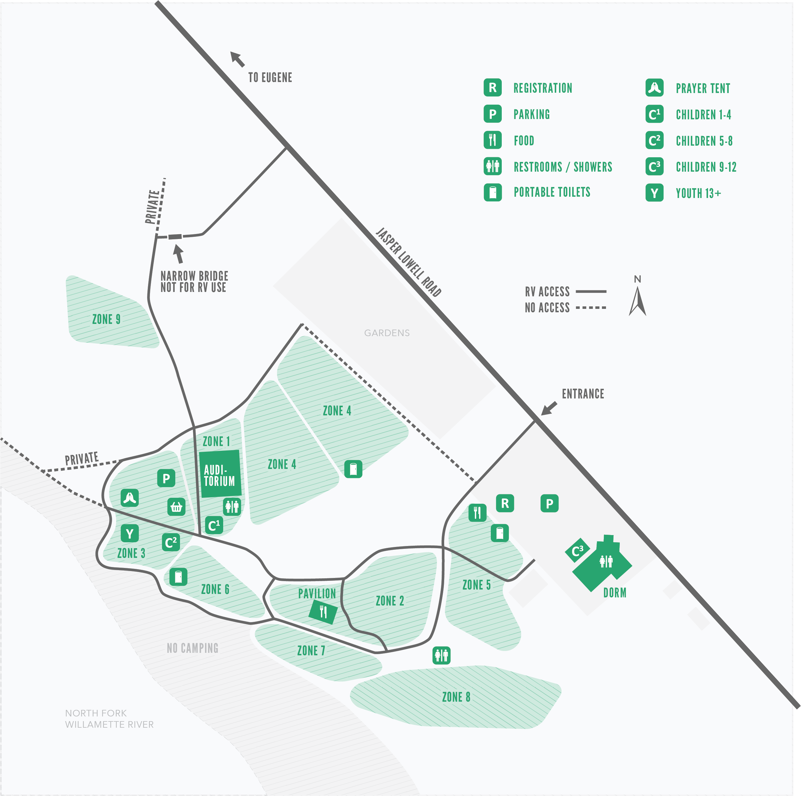 Site map showing RV zones, camping, dorms, event areas, and parking